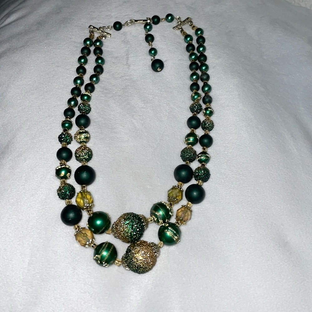 Vintage signed Japan gold green multi strand Necklace hook clasp 1950’s choker